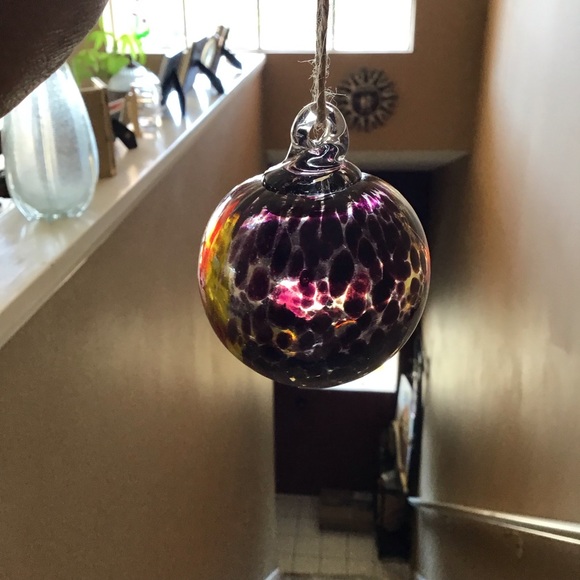 FINAL SALE Art Glass Hand Blown Swirl Purple and Green Round Ornament - Picture 2 of 5